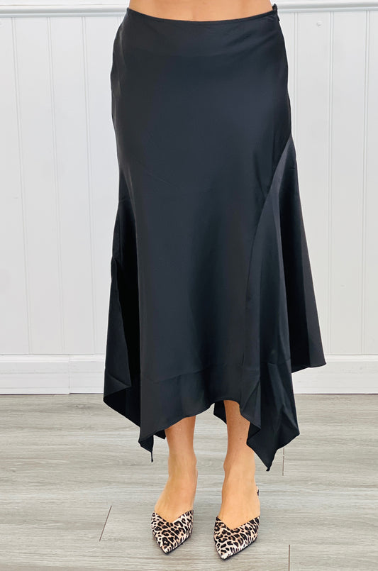 Black Asymmetrical Satin Midi Skirt (Reg.)