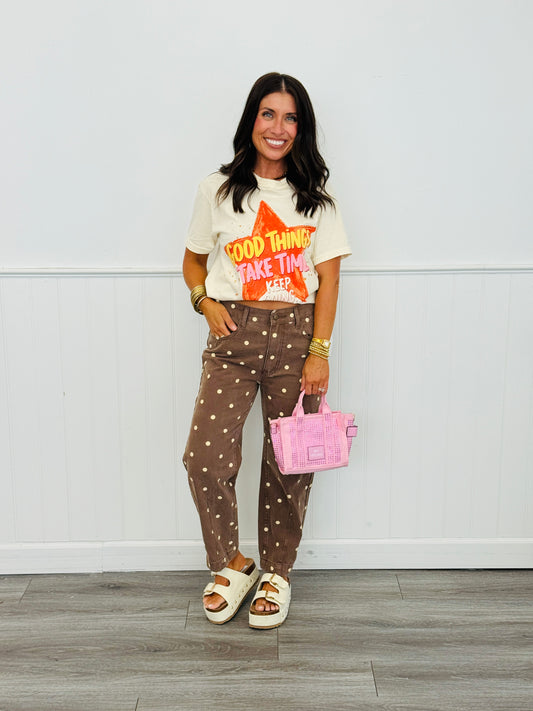 Brown Washed Denim Polka Dot Ankle Pants (Reg.)