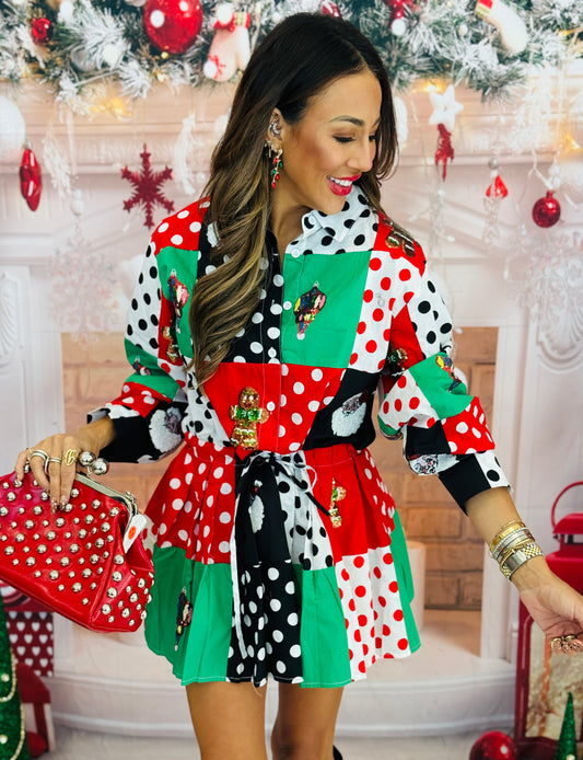 Queen Of Sparkles Colorblock Polka Dot Christmas Icon Mini Dress (Reg. & Plus)