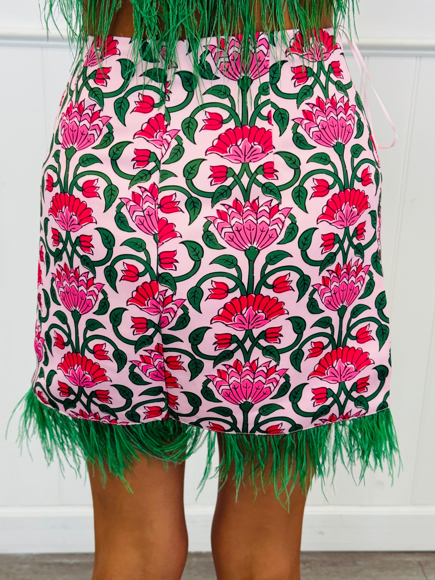Pink Floral Print Feather Trim Mini Skirt (Reg.)