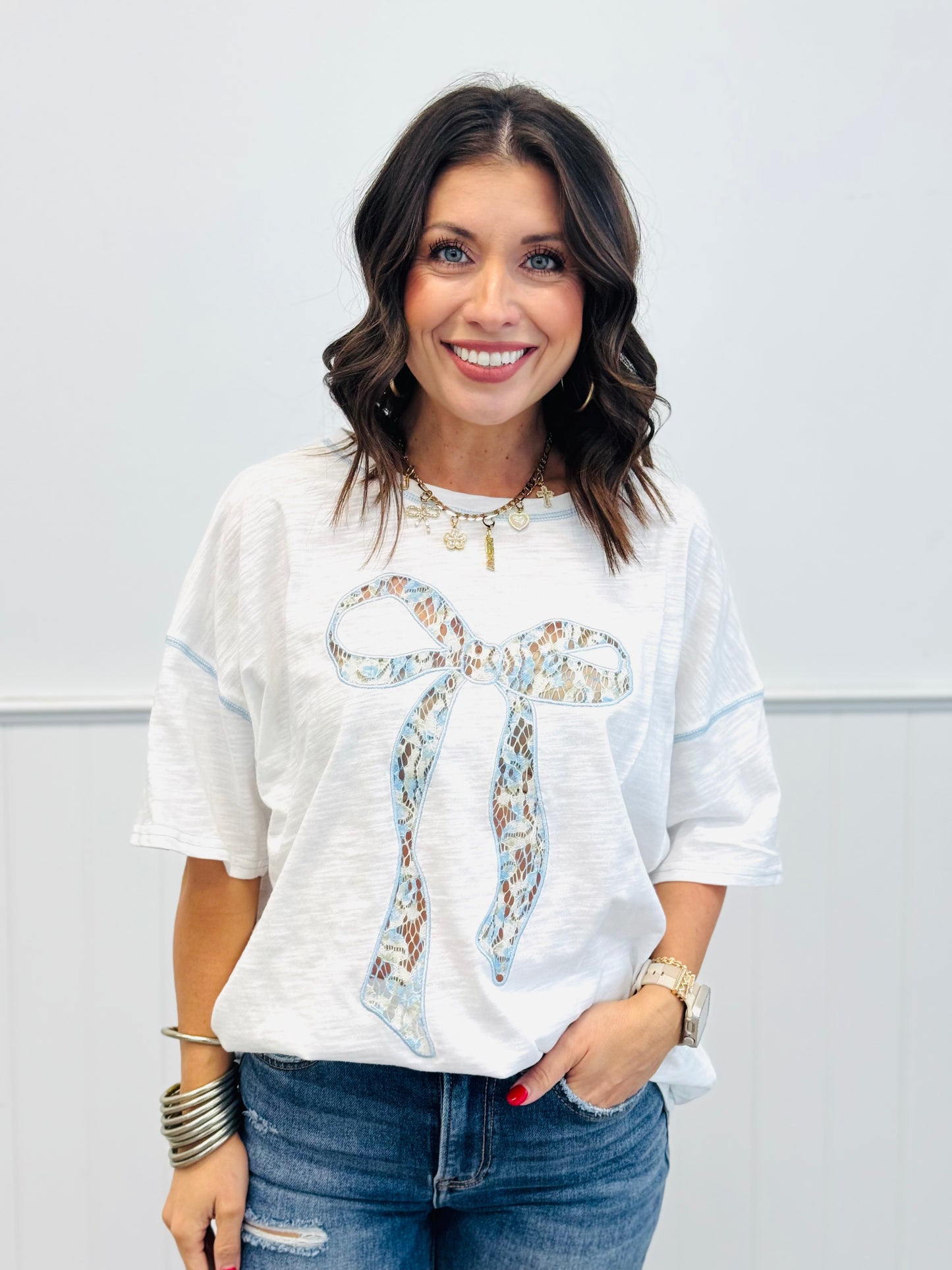 Laser Cut Floral Lace Bow Tee Shirt (Reg.)-2 Colors