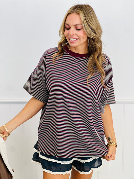 Burgundy Striped Oversized Short Sleeve Top (Reg.)