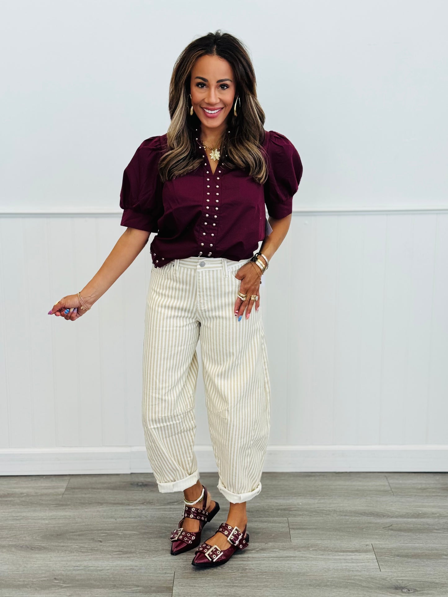 Burgundy Studded Split Neck Blouse (Reg & Plus)