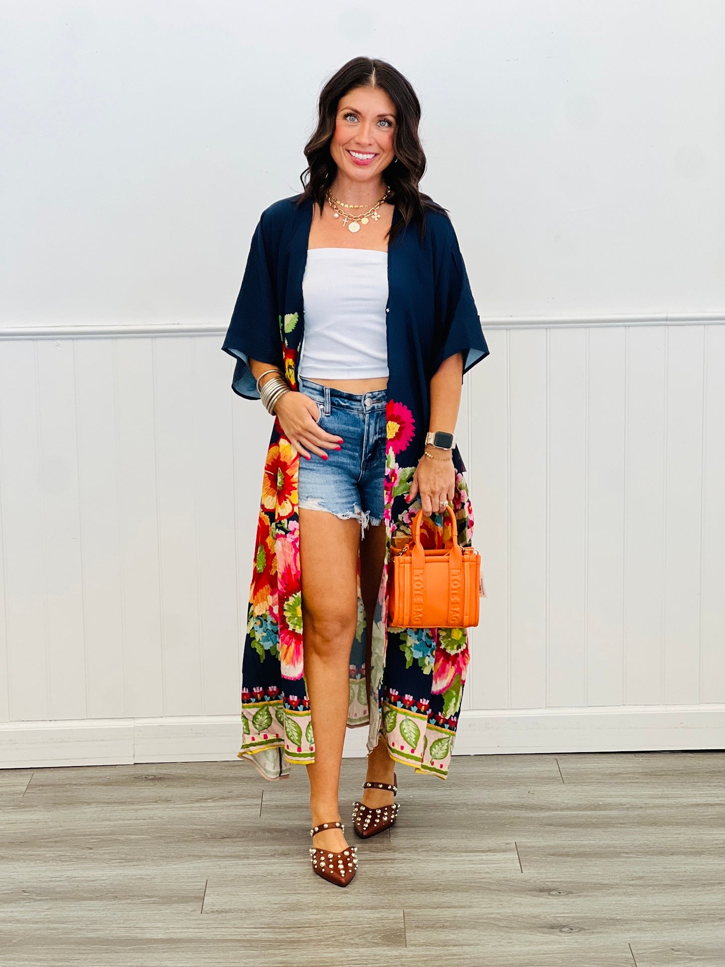 Navy Giant Floral Print Wrap Duster (OS & Plus)