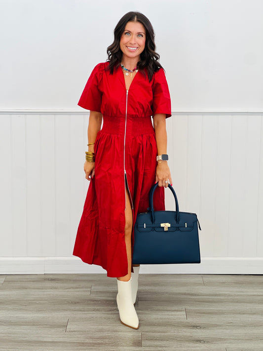 Red Front Zip Midi Dress (Reg & Plus)