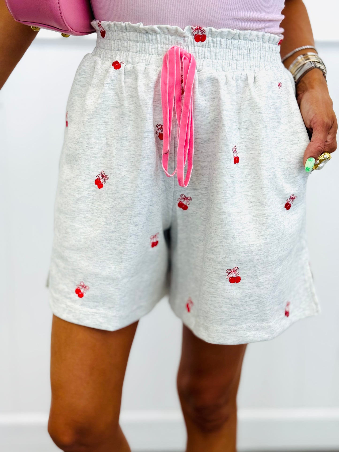 Grey Ribbon Cherries Hoodie Jacket & Shorts Set (Reg & Plus)