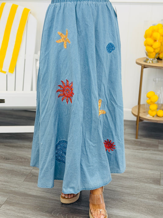Embroidered Sea Life Denim Maxi Skirt (Reg.)
