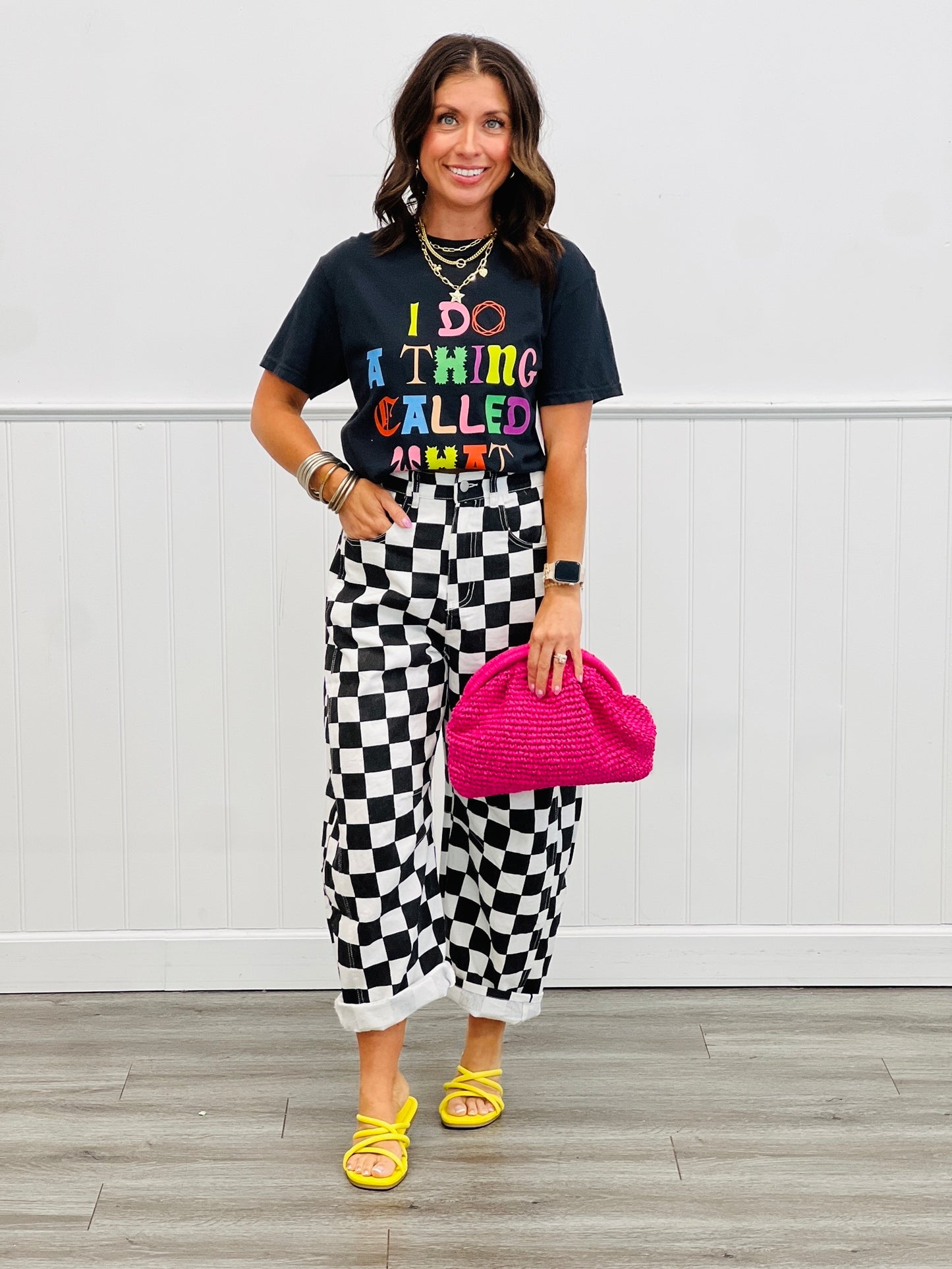 Black Checkered Print Denim Barrel Pants (Reg. and Plus)