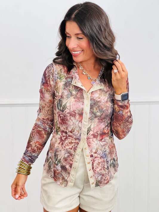 Sand Floral Mesh Button Down Blouse (Reg.)