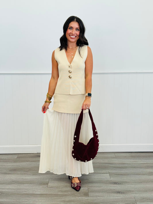 Beige Vest Gold Button Top & Maxi Skirt Set (Reg.)