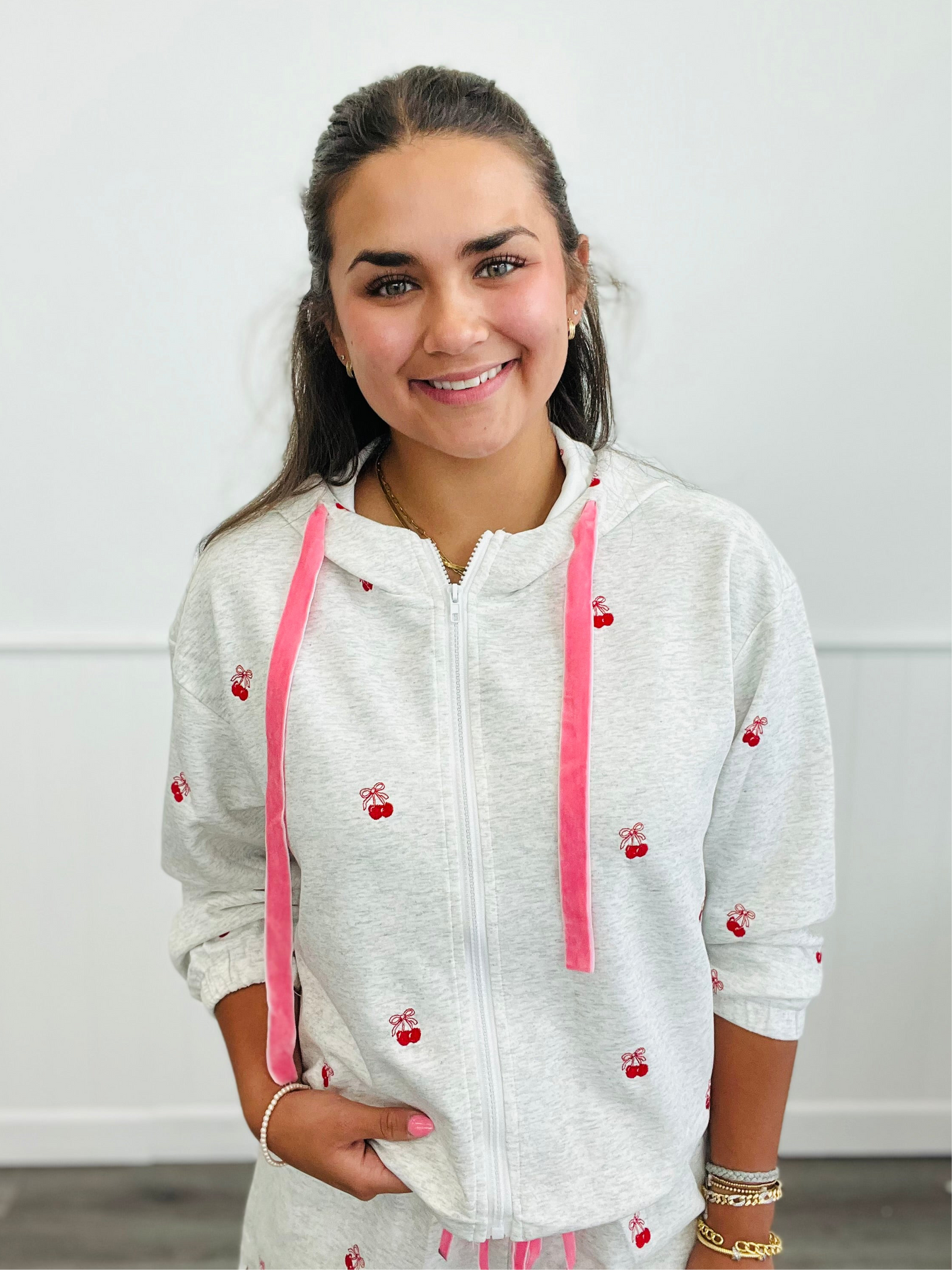 Grey Ribbon Cherries Hoodie Jacket & Shorts Set (Reg & Plus)
