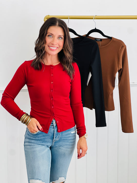 Split Hem Button Down Knit Top (Reg.)-3 Colors