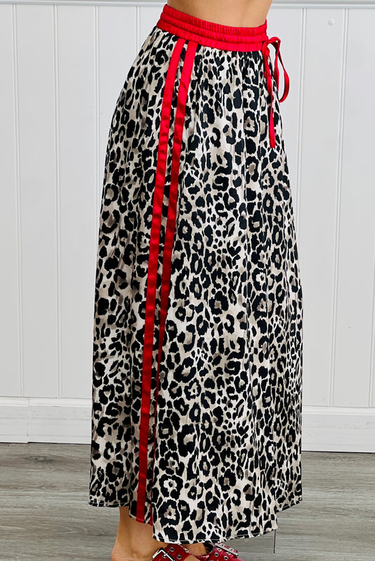 Satin Leopard Red Stripe Maxi Skirt (Reg & Plus)