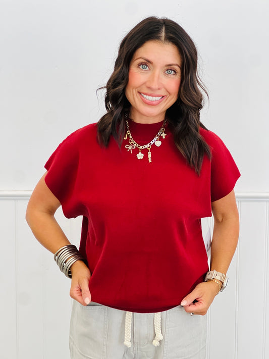 Merlot Mock Neck Knit Short Sleeve Top (Reg & Plus)