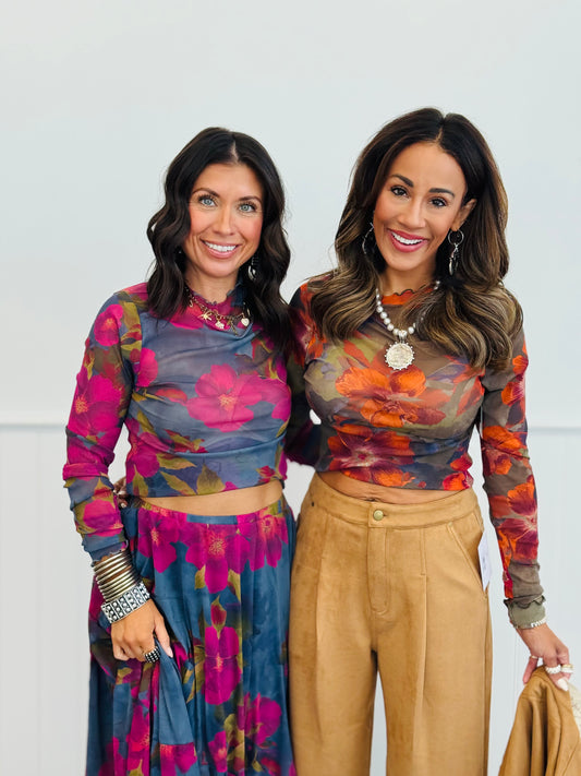 Floral Print Mesh Ballerina Top (Reg & Plus)-2 Colors