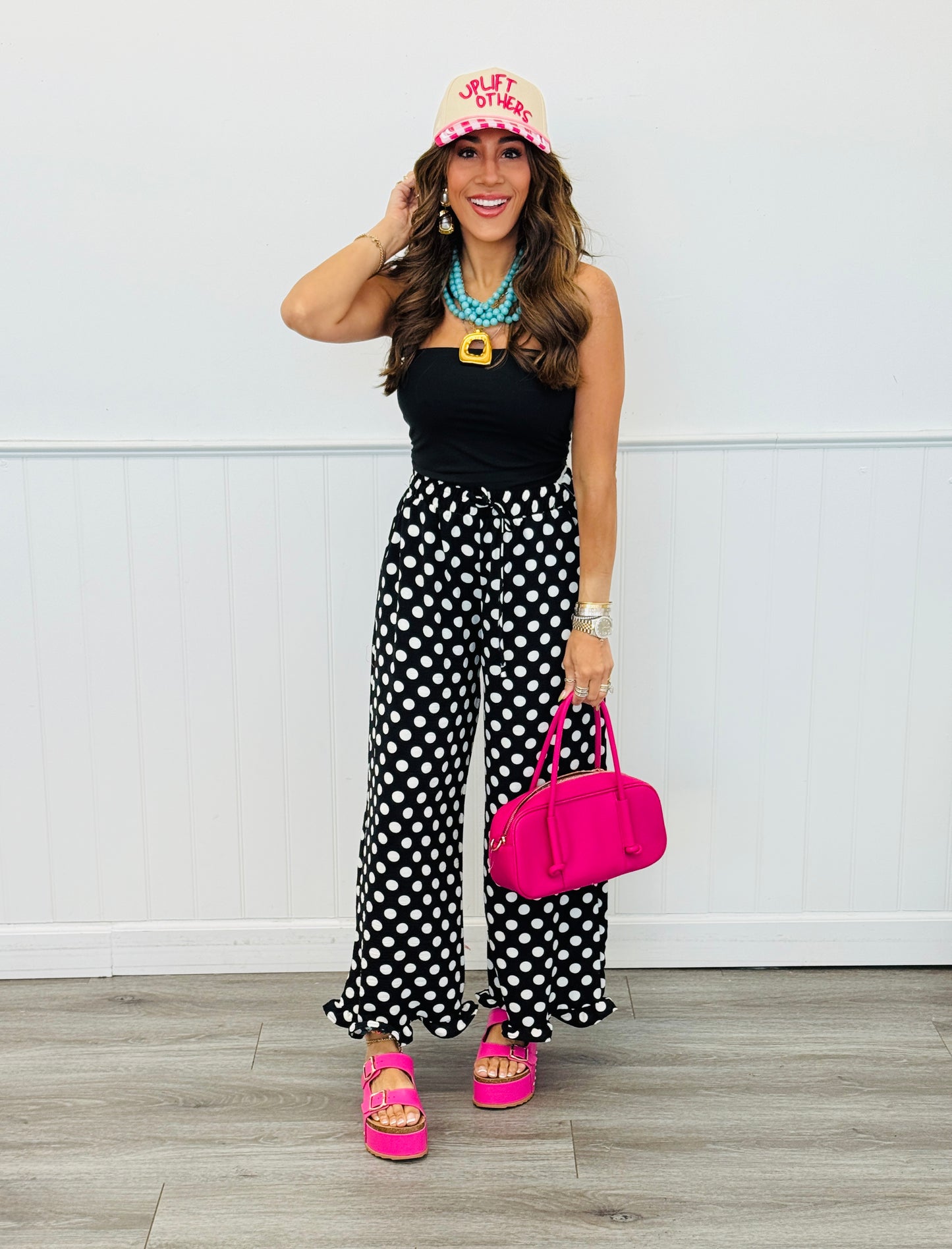 Black/White Polka Dot Ruffle Hem Pants (Reg. and Plus)