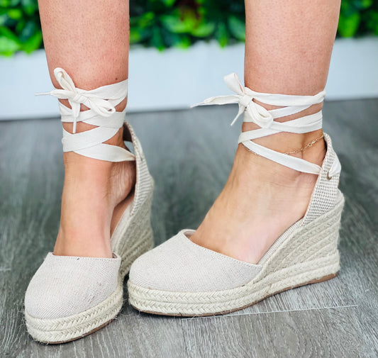 Beige Linen Lift You Up Wedge Sandals