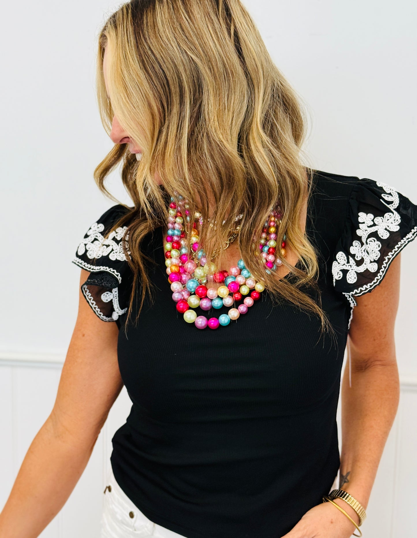 Square Neck Embroidered Flutter Sleeves Blouse (Reg. and Plus) - 2 Colors