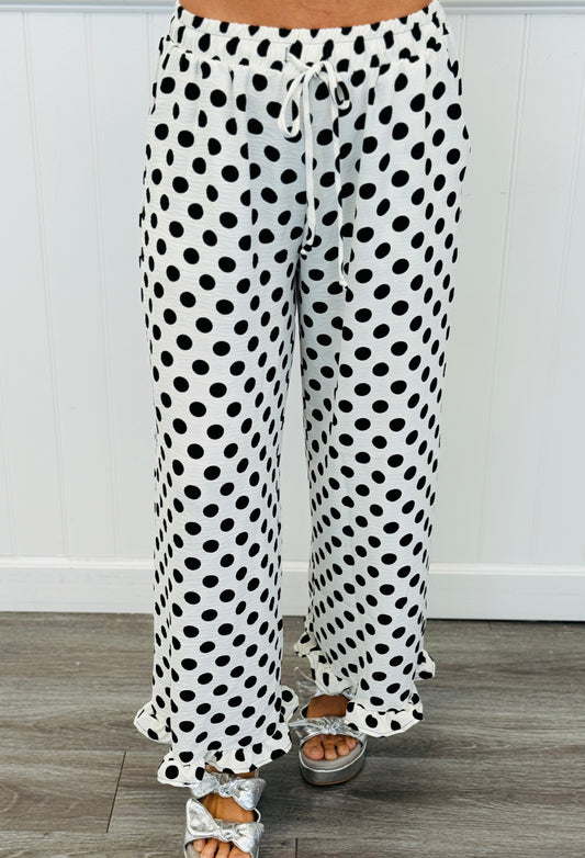 White/Black Polka Dot Ruffle Hem Pants (Reg. and Plus)
