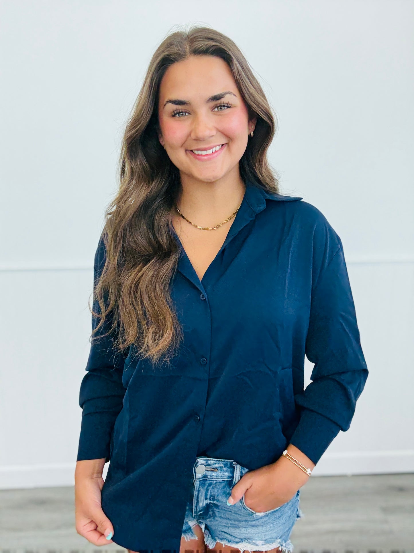 Navy Kathryn Classic Button Down Up (Reg. & Plus)