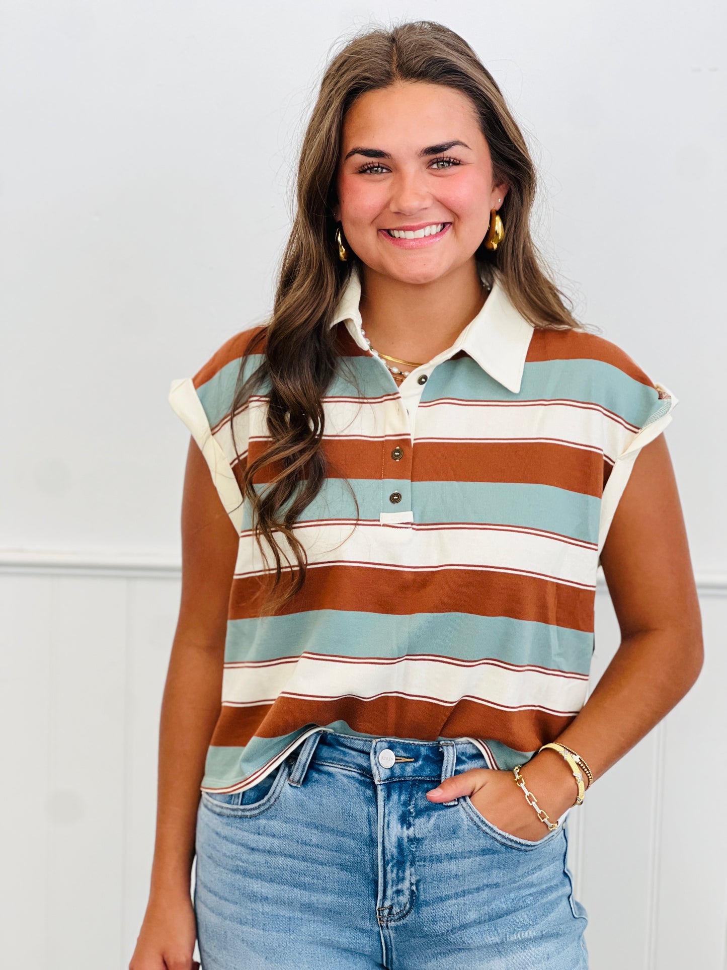 Mocha Sky Striped Cap Sleeve Top (Reg.)