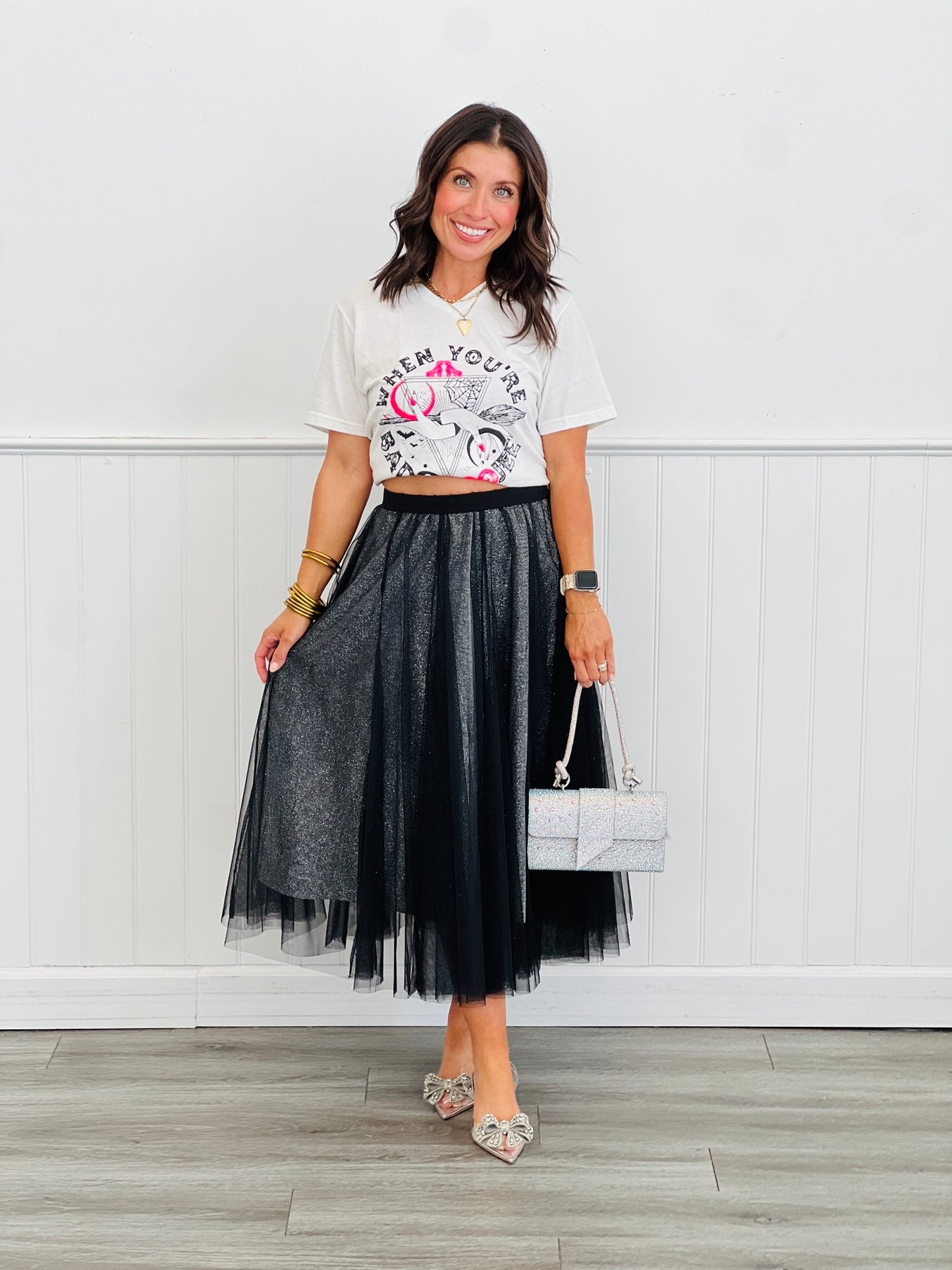 Black Sparkly Mesh Layer Midi Skirt (Reg. and Plus)