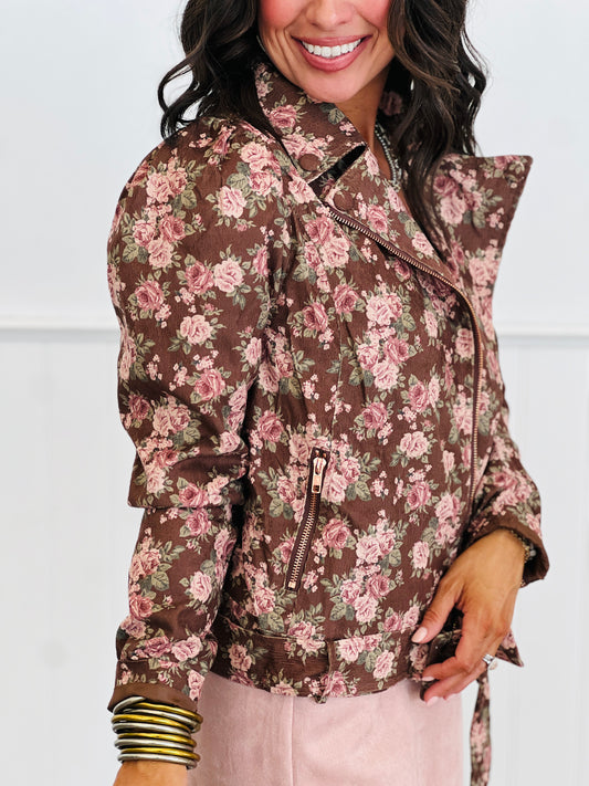 Brown Combo Floral Print Moto Jacket (Reg.)