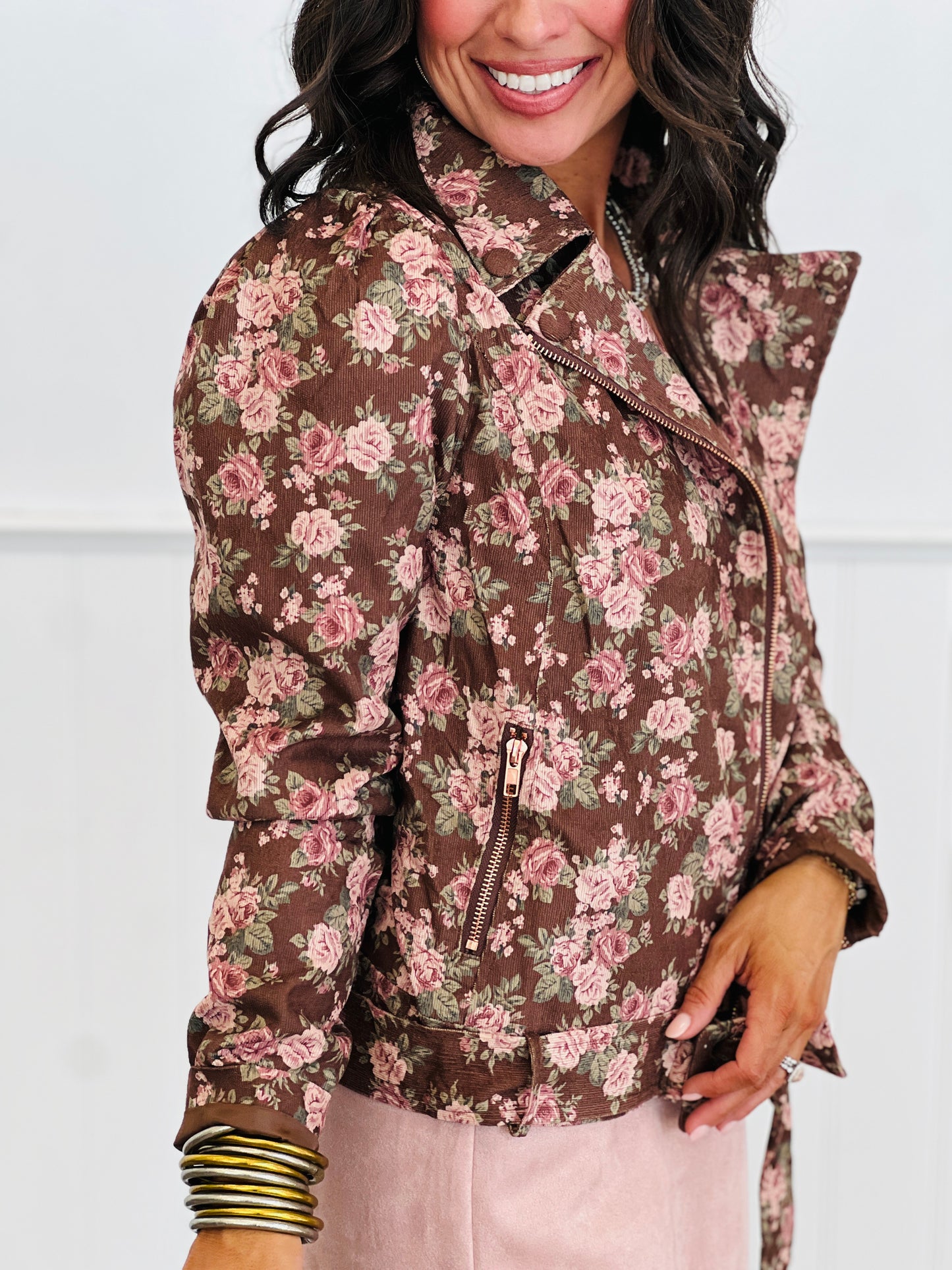 Brown Combo Floral Print Moto Jacket (Reg.)