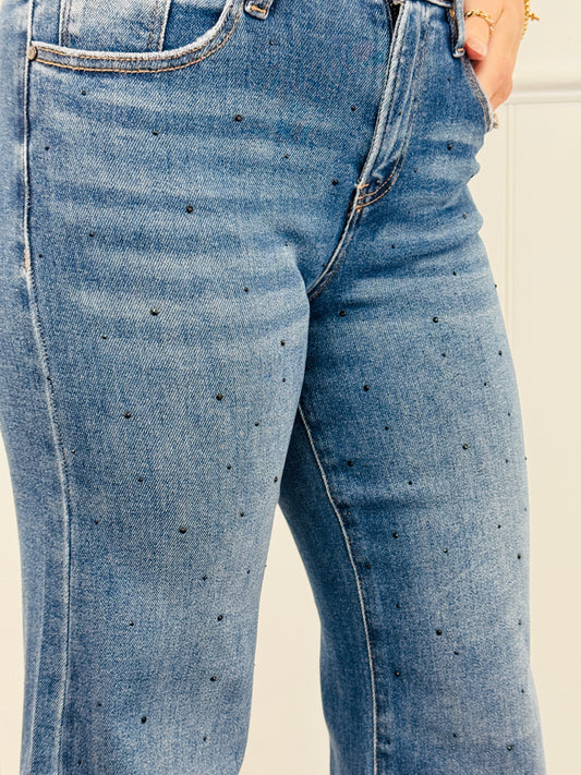 Risen Midnight Shine Rhinestone Wide Leg Jeans (Reg & Plus)