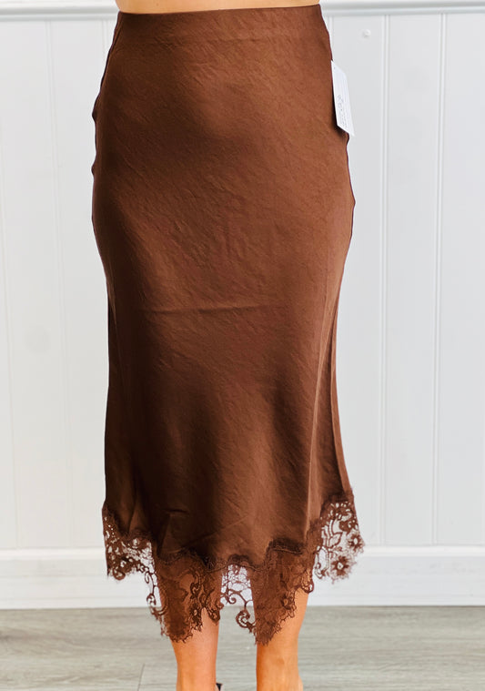 Dark Brown Lace Trim Midi Skirt (Reg.)