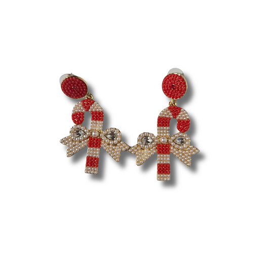 Beaded Bow Candy Cane Earrings