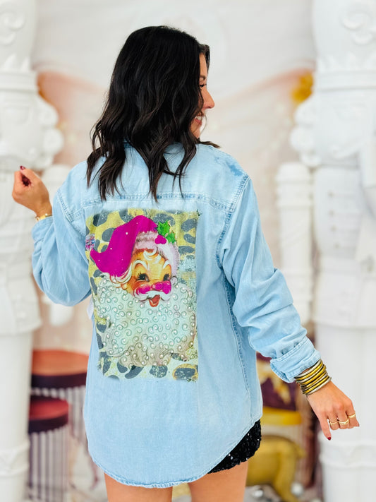 Denim Pink Santa Hat Rhinestone Button Up Top (Reg. and Plus)