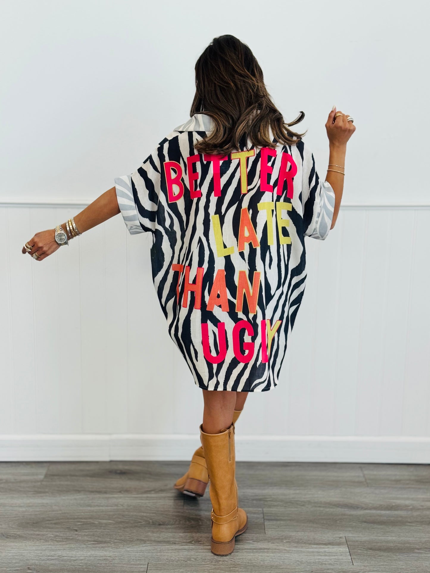 Black Zebra/Stripe Better Late Than Ugly Top (One Size)