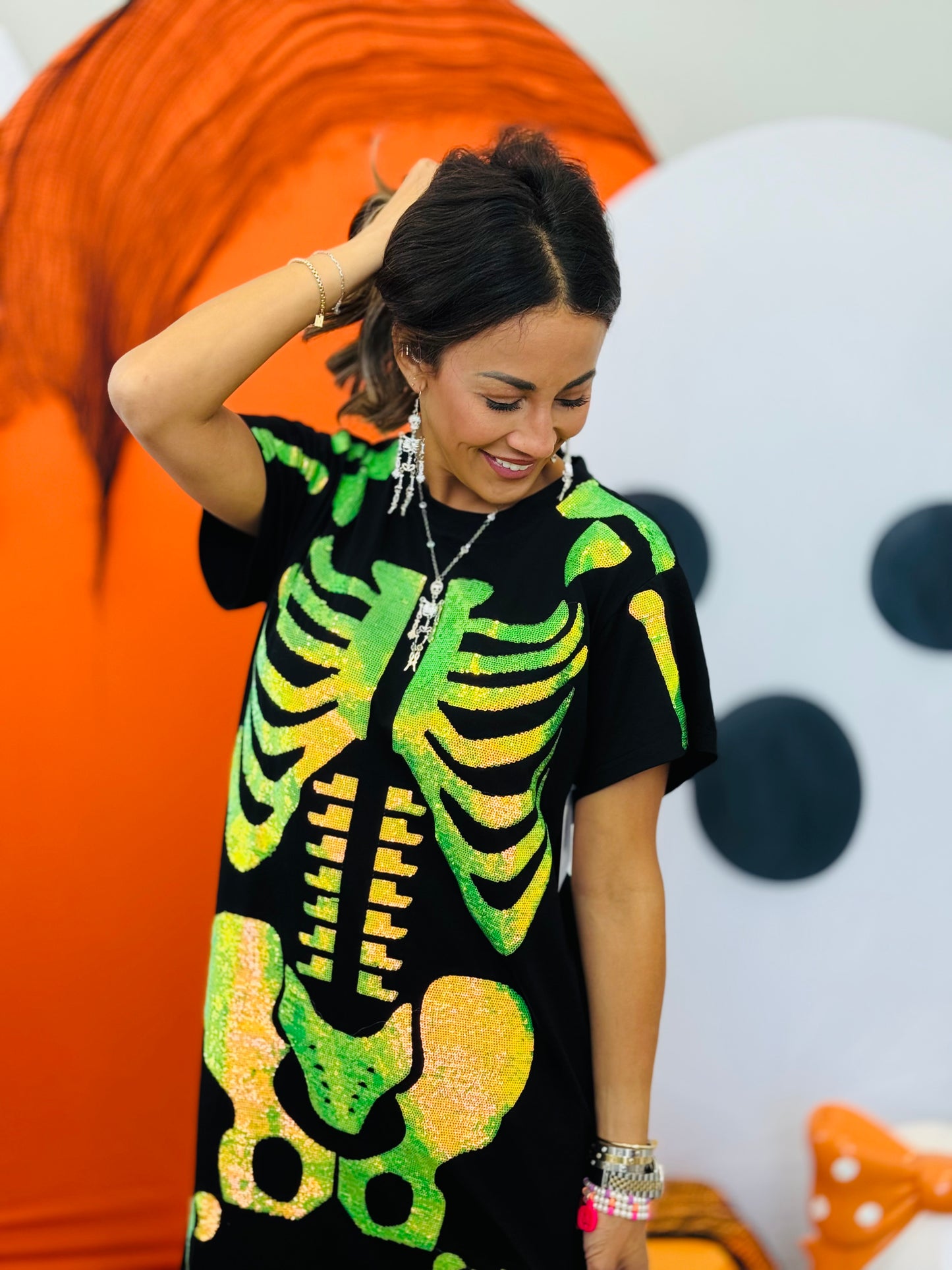 Queen Of Sparkles Black & Iridescent Green Skeleton Tee Dress (Reg. and Plus)