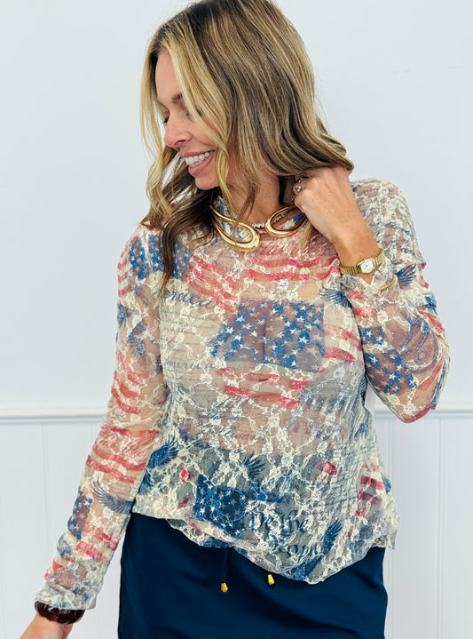 America Rhinestone Lace LS Top (Reg. and Plus)