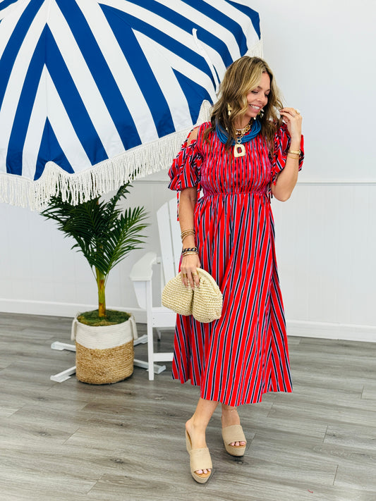 Red Mix Striped Smocked Midi Dress (Reg.)