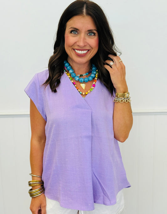 Lavender Rhinestone V-Neck Cap Sleeve Blouse (Reg. & Plus)