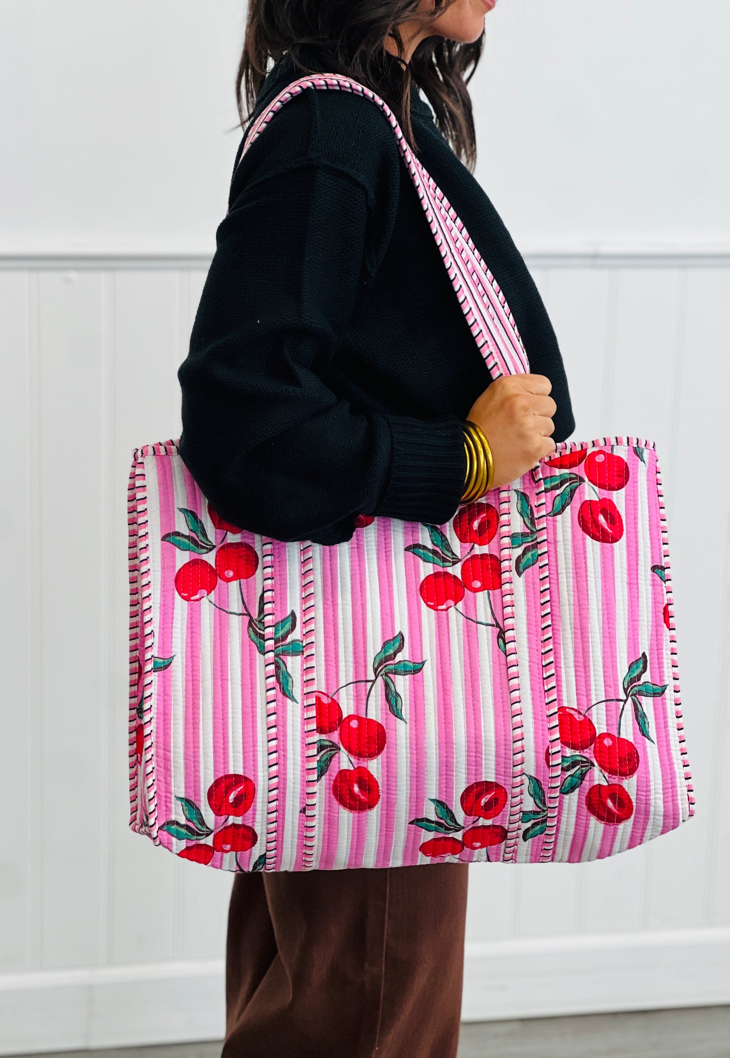 Striped Cherry Oversized Cotton Tote Bag (2 colors)