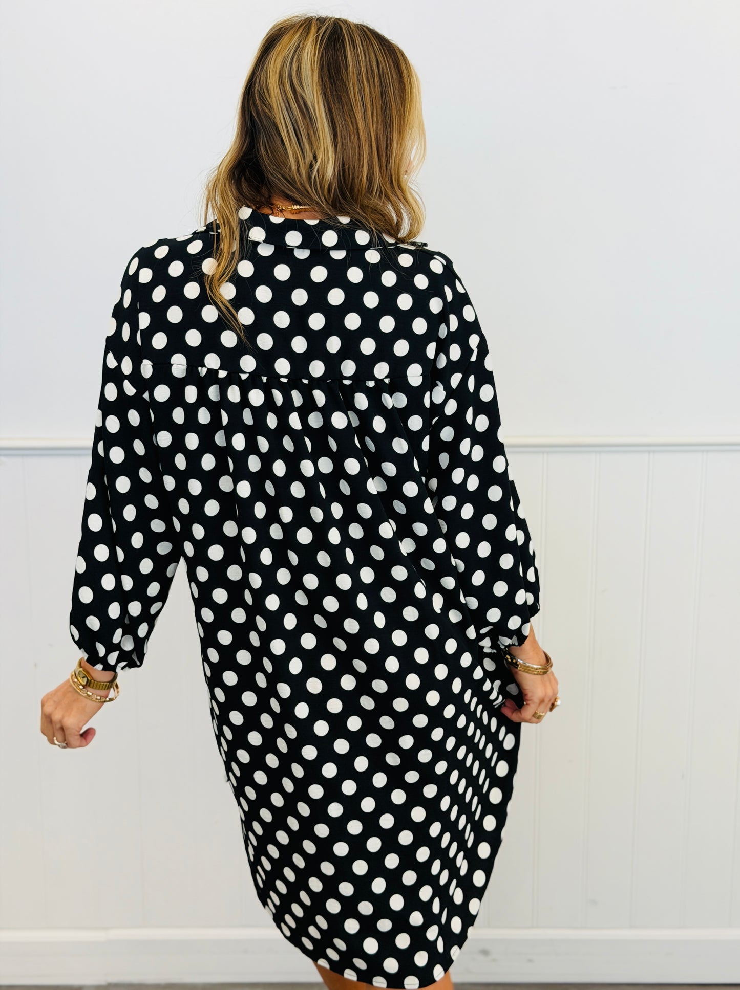 Black Polka Dot Shirt Dress (Reg. and Plus)