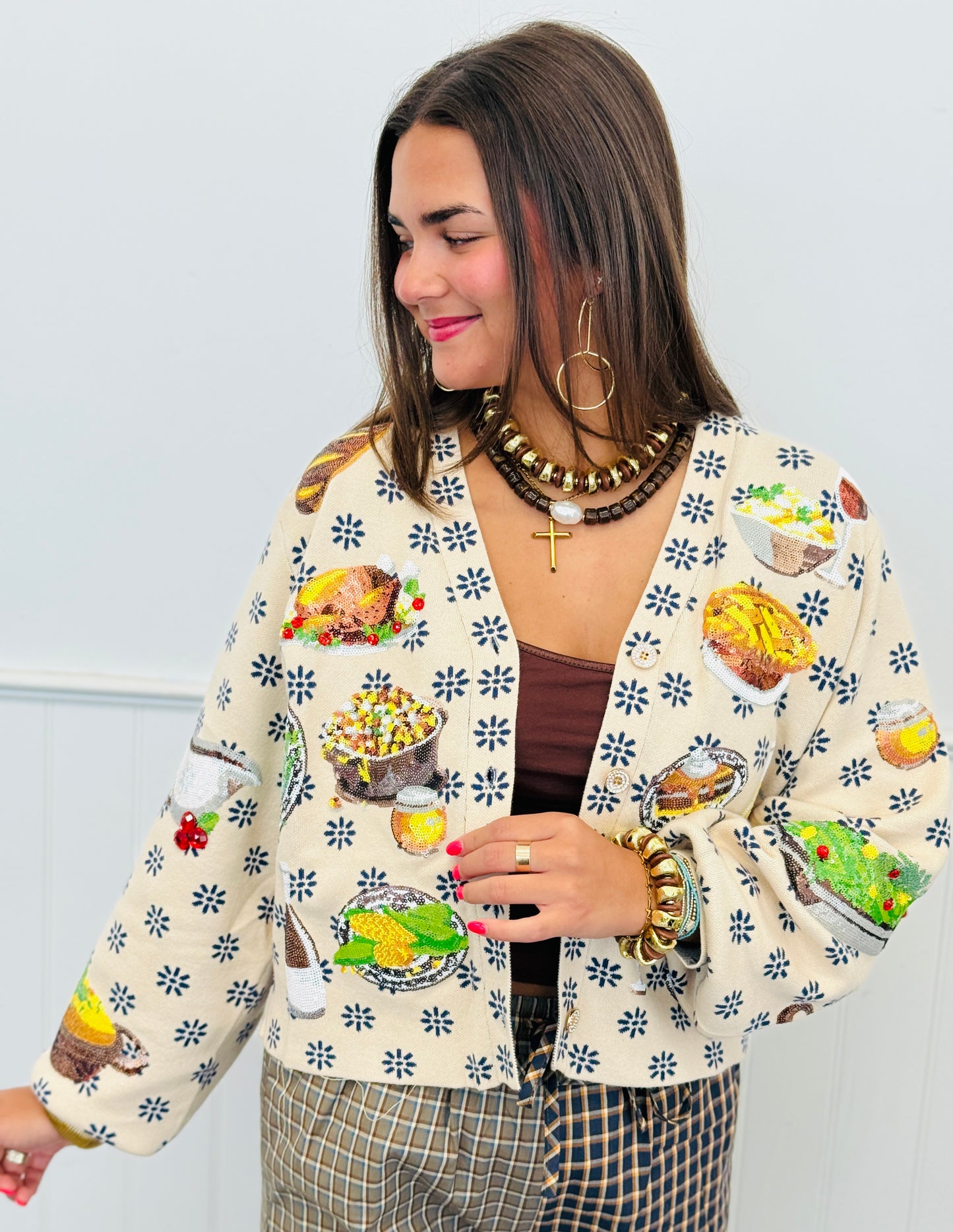 Queen Of Sparkles Ivory Flower Print Thanksgiving Meal Cardigan (Reg. and Plus)
