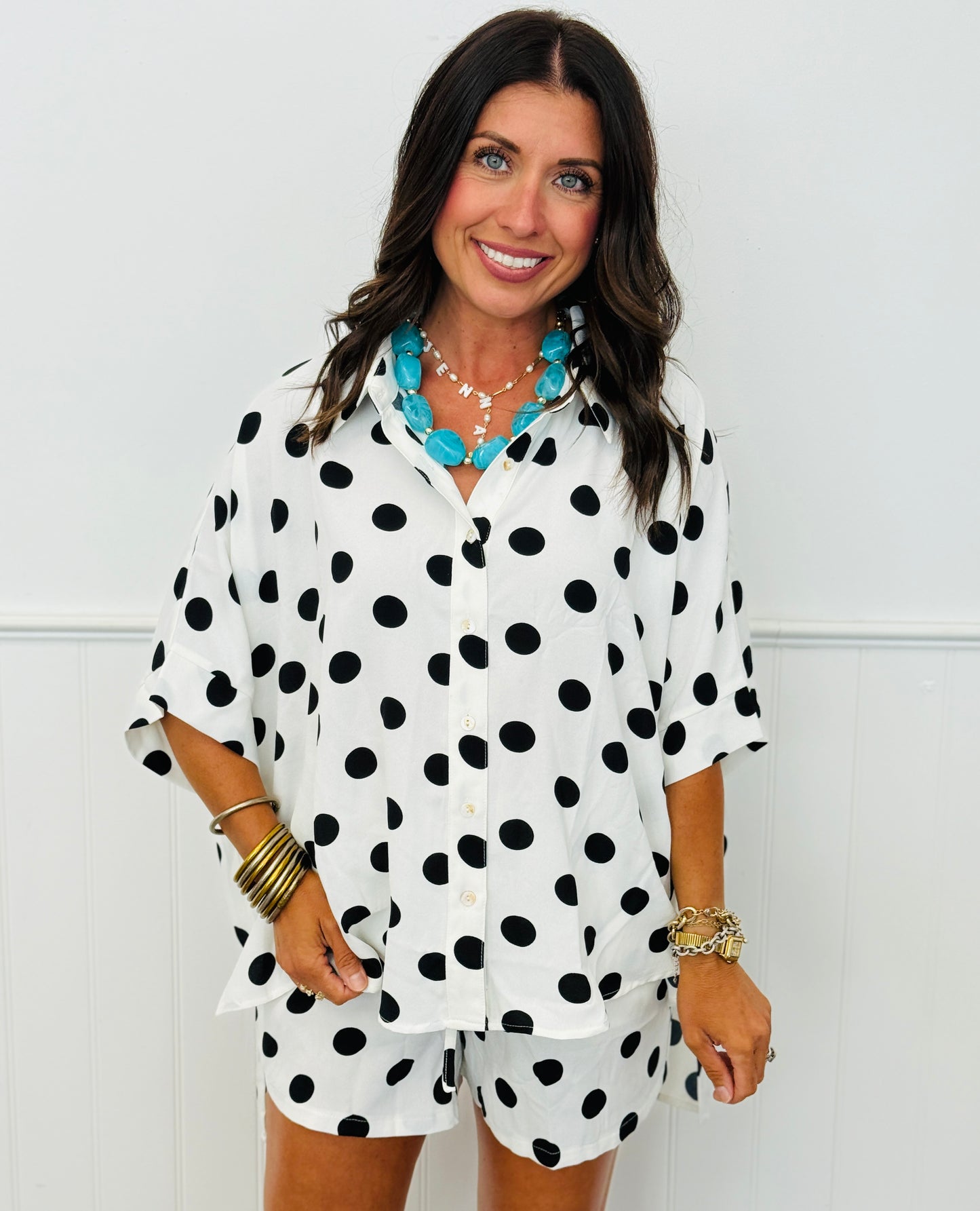 White/Black Polka Dot Shirt & Shorts Set (Reg & Plus)