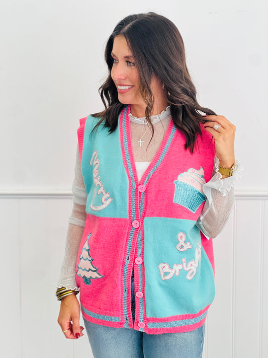 Pink Glitter Merry & Bright Sweater Vest (Reg. and Plus)