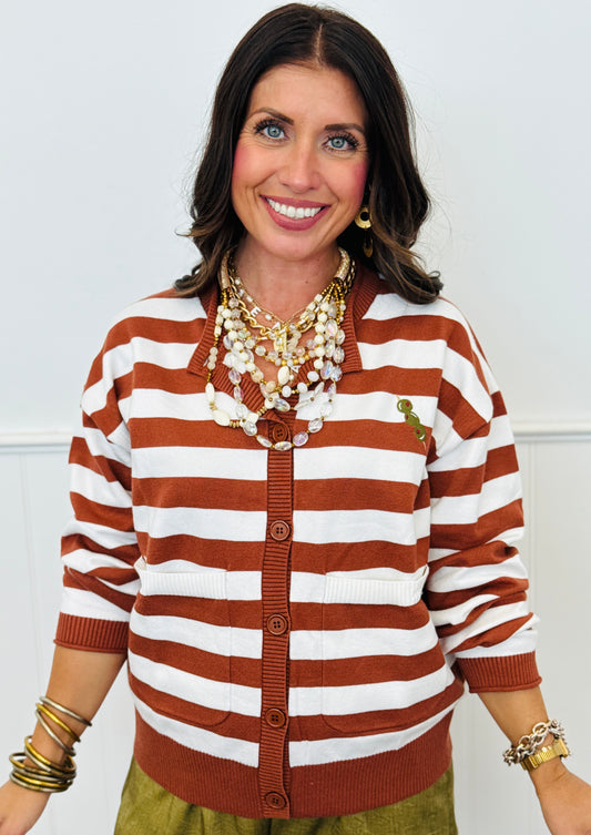 Rust/White Striped Olive Graphic Sweater Cardigan (Reg.)