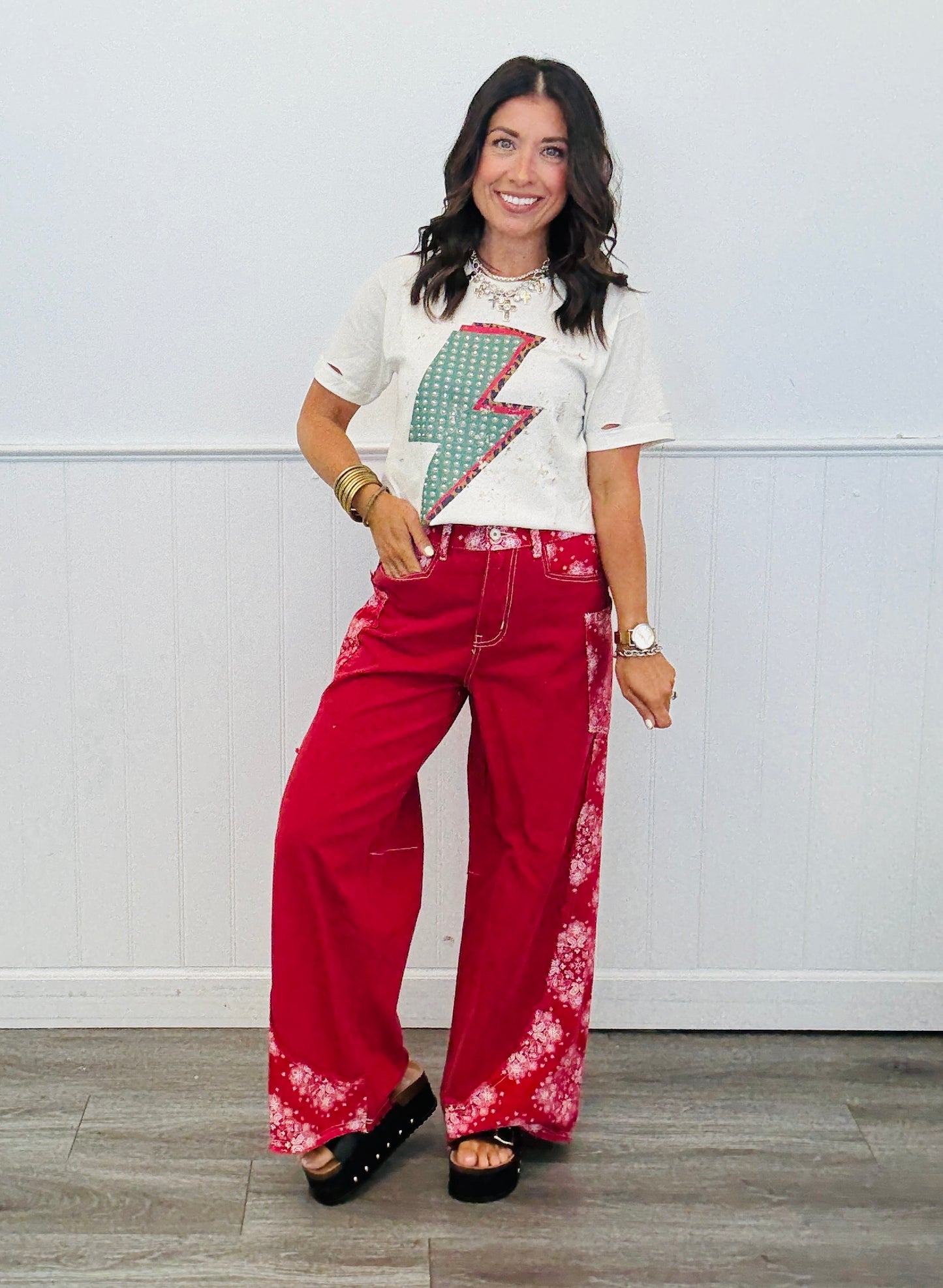 POL Red Paisley Contrast Relaxed Pants (Reg.)