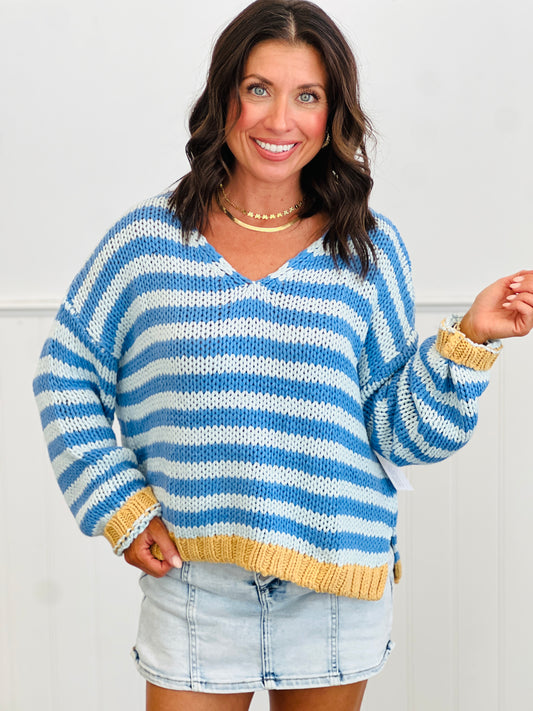Denim/Mustard Striped V-neck Sweater (Reg. and Plus)