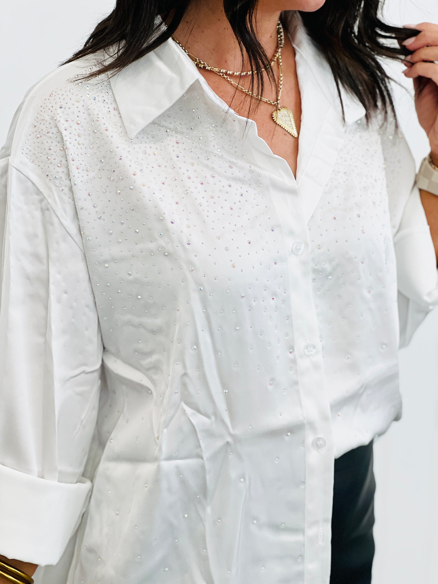 White Satin Rhinestone Long Sleeve Shirt (Reg.)
