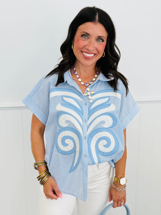 Blue Striped Embroidered Button Up Top (Reg.)