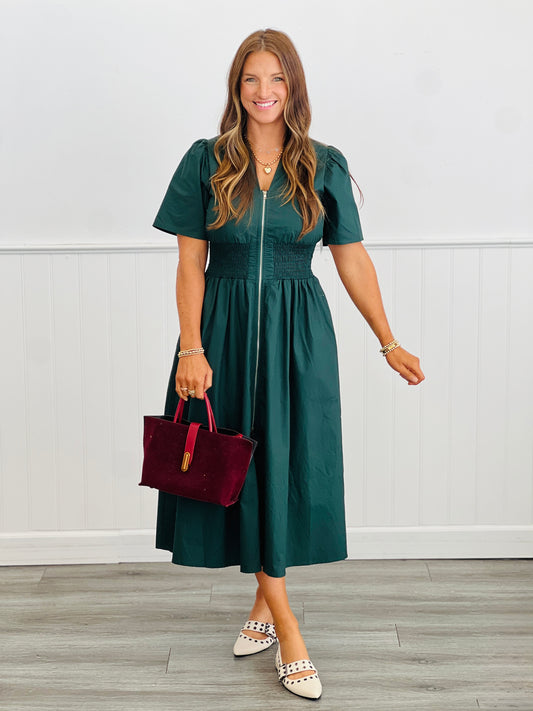 Dark Green Front Zip Midi Dress  (Reg & Plus)