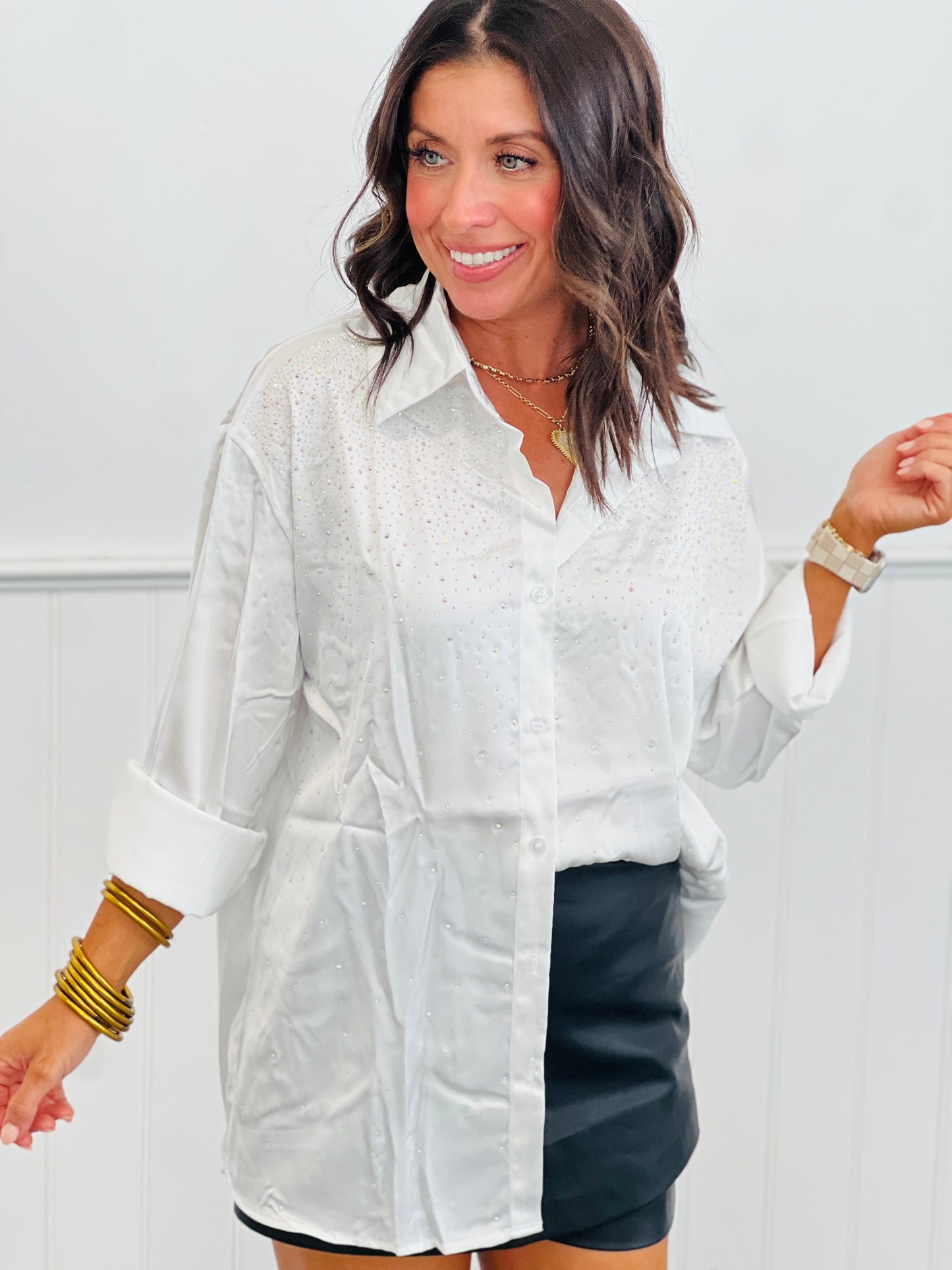 White Satin Rhinestone Long Sleeve Shirt (Reg.)