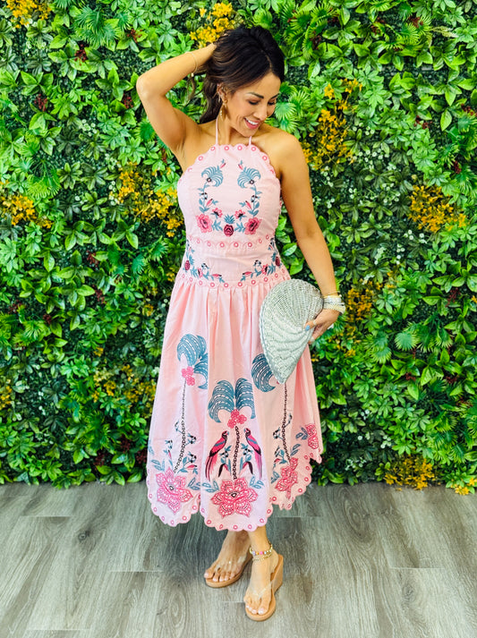 Pink Embroidered Halter Neck Midi Dress (Reg.)